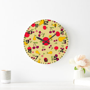 Grande Horloge Ronde Pommes Motifs de fruits colorées Cerises et poires