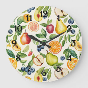Grande Horloge Ronde Pommes Poires Myrtilles Oranges Citron Lime Fruits