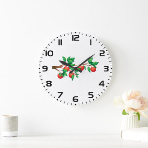 Grande Horloge Ronde Pommier rouge Branche Fruit frais et Feuilles vert