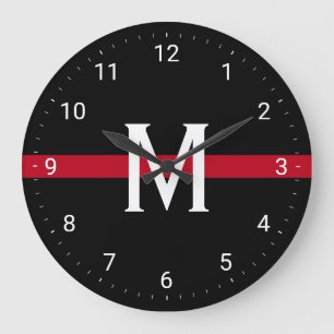 Grande Horloge Ronde Pompier Mince ligne rouge Monogramme initial