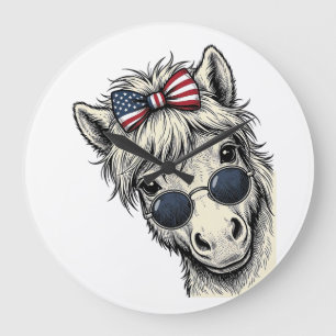 Grande Horloge Ronde Poney Patriotique Avec Lunettes De Soleil Vintage