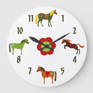 Grande Horloge Ronde Ponies rétro colorées et chevaliers à fleurs