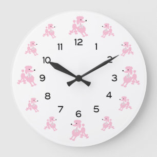 Grande Horloge Ronde Poodles roses avec rubans blancs