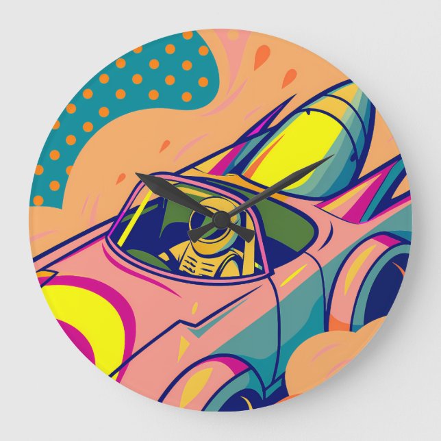 Grande Horloge Ronde Pop Art Astronaut Driving Rocket Car (Recto)