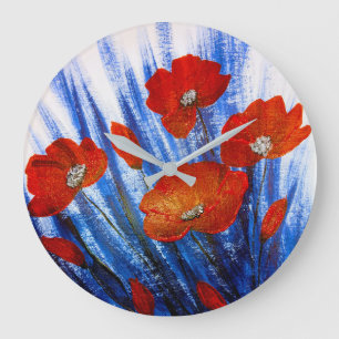 Grande Horloge Ronde Poppies rouges dans l'herbe bleue