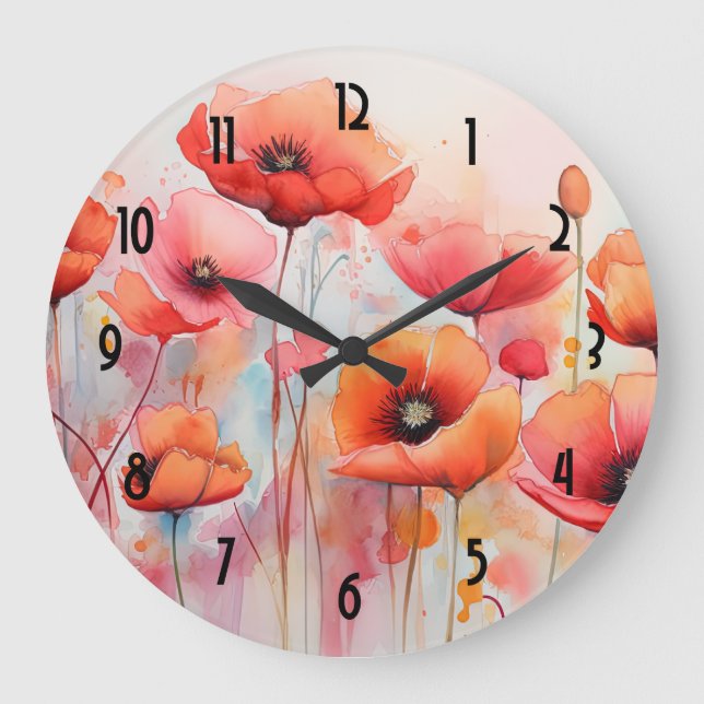 Grande Horloge Ronde Poppies rouges dans une aquarelle de champ (Recto)