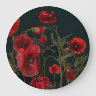 Grande Horloge Ronde Poppies Rouges Vibrantes Sur Noir