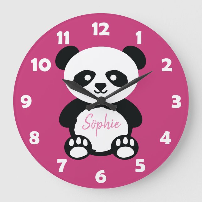 Grande Horloge Ronde Porte-Panda Rose Personnalisé Enfants Kawaii (Recto)