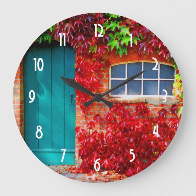 Grande Horloge Ronde Porte Turquoise Pittoresque aux feuilles d'automne (Recto)