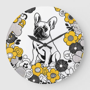 Grande Horloge Ronde Portrait d'art de Buldog Pop en français
