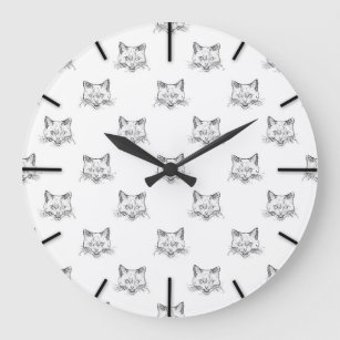 Grande Horloge Ronde Portrait de chat Abstrait Croquis noir blanc desig