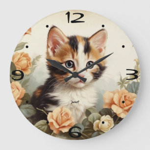 Grande Horloge Ronde Portrait de chaton calico mignon vintage fleurs do