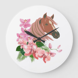 Grande Horloge Ronde Portrait de cheval avec fleurs d'orchidées