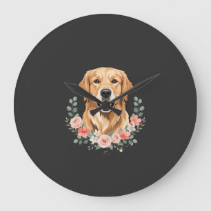 Grande Horloge Ronde Portrait de chien Retriever doré floral Sublimatio