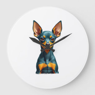 Grande Horloge Ronde Portrait de Pinscher Miniature Vintage Coloré Grav