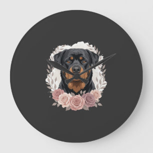 Grande Horloge Ronde Portrait de Rottweiler floral sublimation