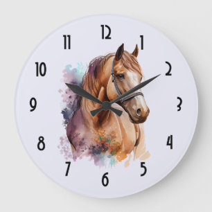 Grande Horloge Ronde Portrait de tête de cheval brun à l'aquarelle