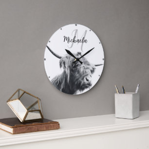Grande Horloge Ronde Portrait de vache Highland premier monogramme noir