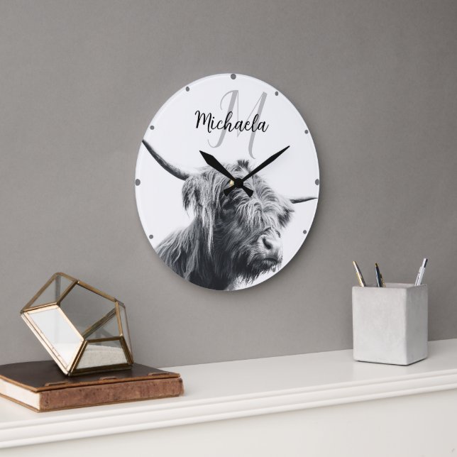 Grande Horloge Ronde Portrait de vache Highland premier monogramme noir (Bureau)
