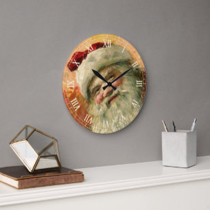 Grande Horloge Ronde Portrait victorien de Père Noël, Noël vintage