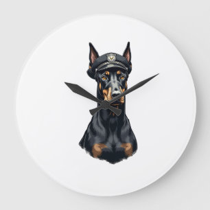 Grande Horloge Ronde Portrait vintage de Doberman de police en noir et