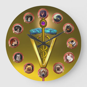 GRANDE HORLOGE RONDE PORTRAITS DE CHIENS VICTORIENS CADUCÉE SYMBOLE VÉT