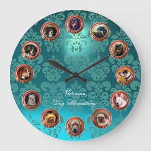 Grande Horloge Ronde PORTRAITS MINIATURES DE CHIENS VICTORIENS Damassé