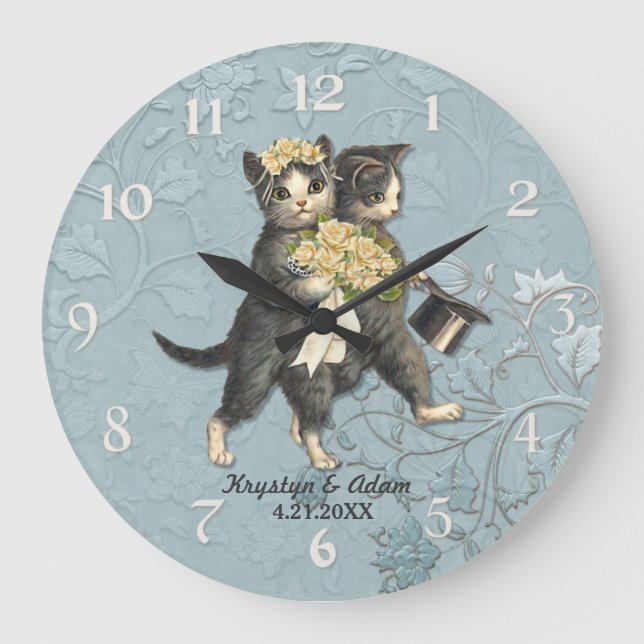 Grande Horloge Ronde Posh Cats Mariage bleu (Recto)