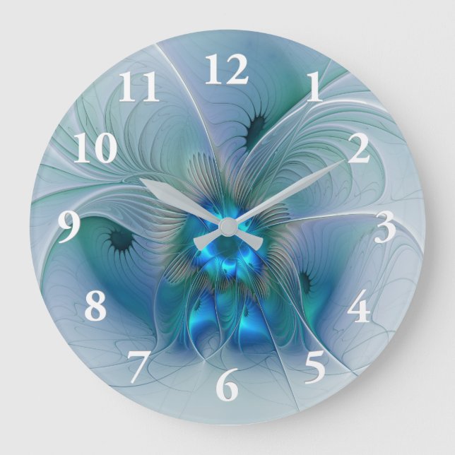 Grande Horloge Ronde Position, Abstrait bleu turquoise fractal (Recto)