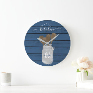 Grande Horloge Ronde Pot de cuisine en bois bleu rustique cuillère fami