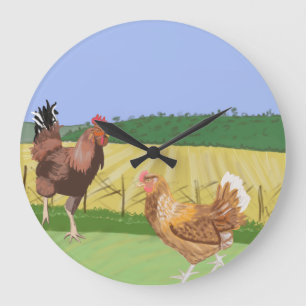 Grande Horloge Ronde Poule brune et coq à la campagne