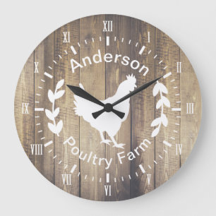 Grande Horloge Ronde Poule rustique et nom de famille de ferme avicole