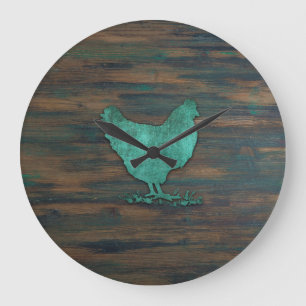 Grande Horloge Ronde Poulets rustiques (Turquoise)