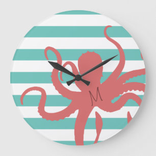 Grande Horloge Ronde Poulpe rouge moderne plage blanc rayé sarcelle