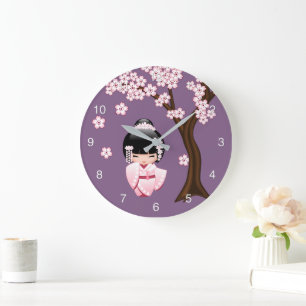 Grande Horloge Ronde Poupée blanche Kimono Kokeshi mignonne Geisha fil
