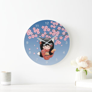 Grande Horloge Ronde Poupée Kitsune Kokeshi - Black Fox Geisha Girl