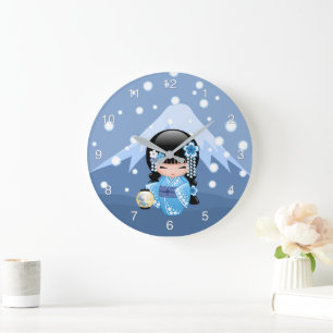 Grande Horloge Ronde Poupée Kokeshi d'hiver - Blue Mountain Geisha Girl