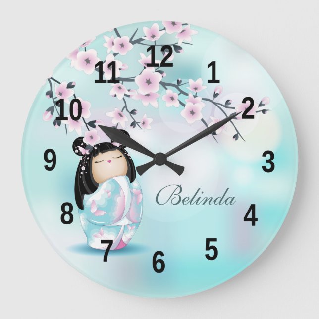Grande Horloge Ronde Poupée Kokeshi et fleurs de cerisiers Turquoise Gr (Recto)