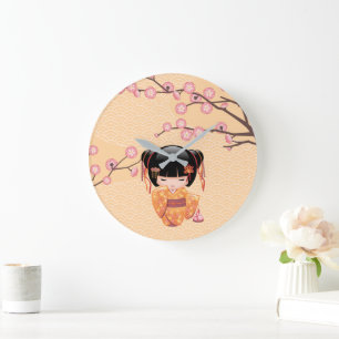 Grande Horloge Ronde Poupée Kokeshi Ume - Fille Geisha de la Pêche Japo