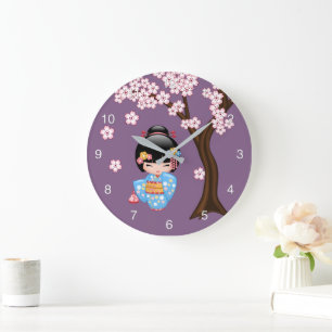 Grande Horloge Ronde Poupée Maiko Kokeshi - Fille Geisha en Kimono Bleu