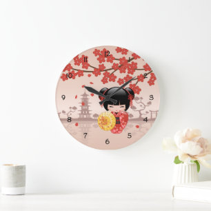 Grande Horloge Ronde Poupée rouge Sakura Kokeshi - Geisha japonais
