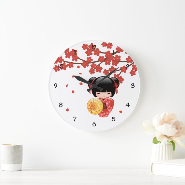 Grande Horloge Ronde Poupée rouge Sakura Kokeshi - Geisha japonais (Maison)