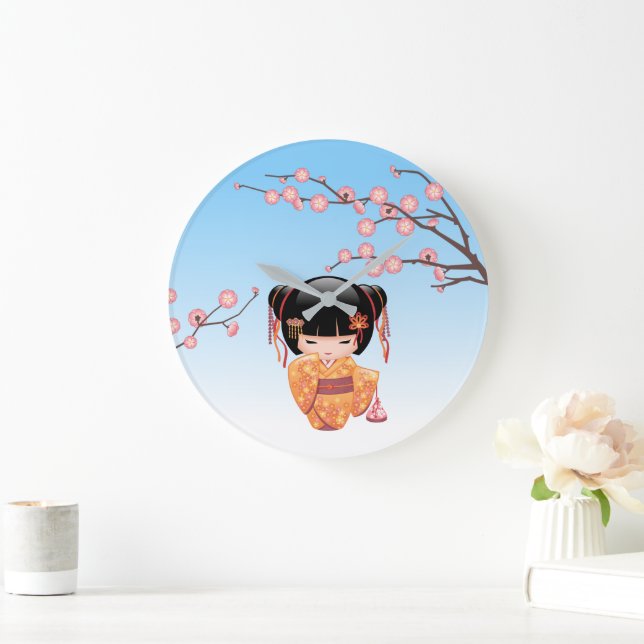 Grande Horloge Ronde Poupée Ume Kokeshi - Japonaise Geisha Girl Blue (Maison)