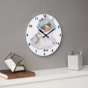 Grande Horloge Ronde Poupée vintage de bébé fille victorienne, chapeau 