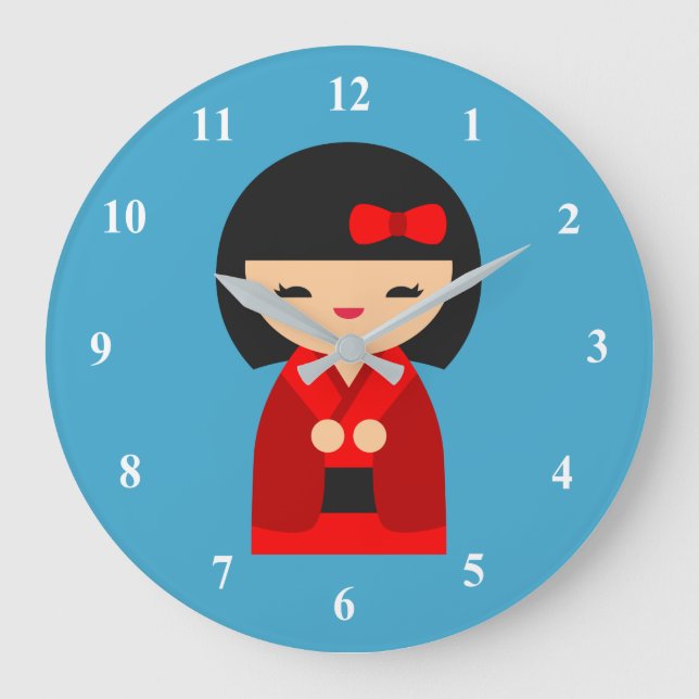 Grande Horloge Ronde Poupées japonaises Red Kokeshi (Recto)