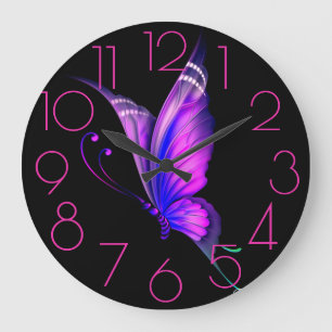 Grande Horloge Ronde Pourpres, papillon de roses sur un noir