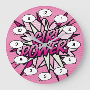 Grande Horloge Ronde POUVOIR DES FILLES Bande dessinée Pop Art Rose
