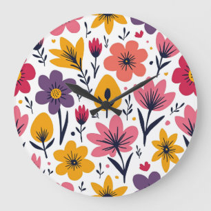 Grande Horloge Ronde Prairie de fleurs sauvages printanières colorées b