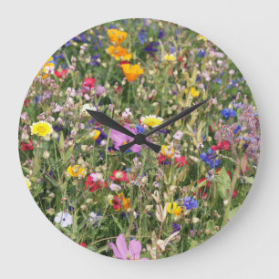 Grande Horloge Ronde Pré fleur sauvage coloré, motif vibrant.