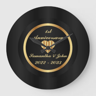 Grande Horloge Ronde Premier anniversaire minimaliste de Mariage noir e